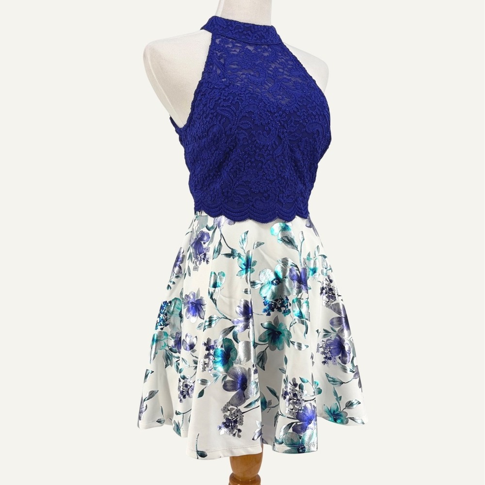 City Vibe 2 Piece Dress Set Lace Halter Metallic Floral Skater Blue White Size 9